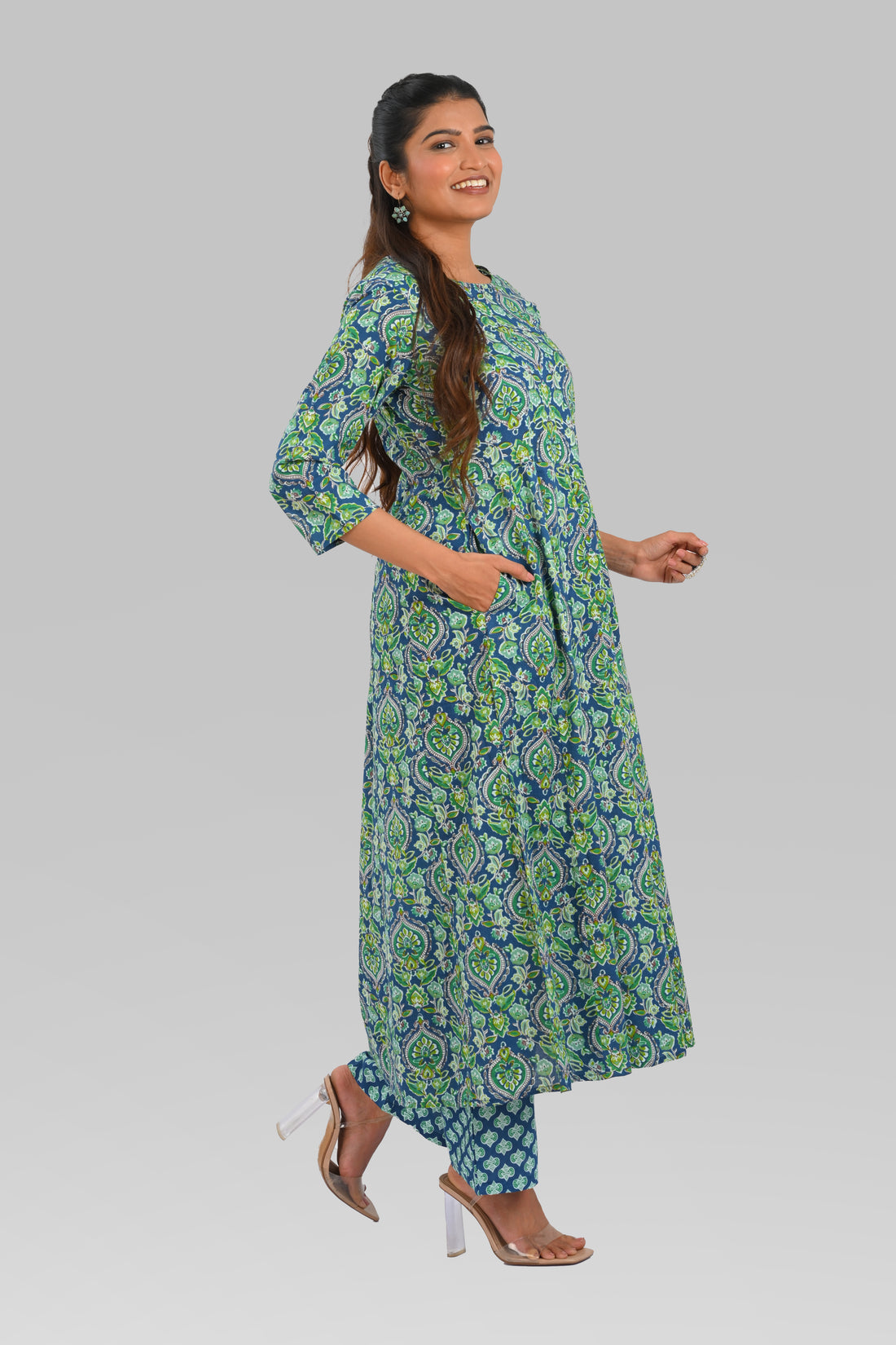 Blue Cotton Printed Kurta Set