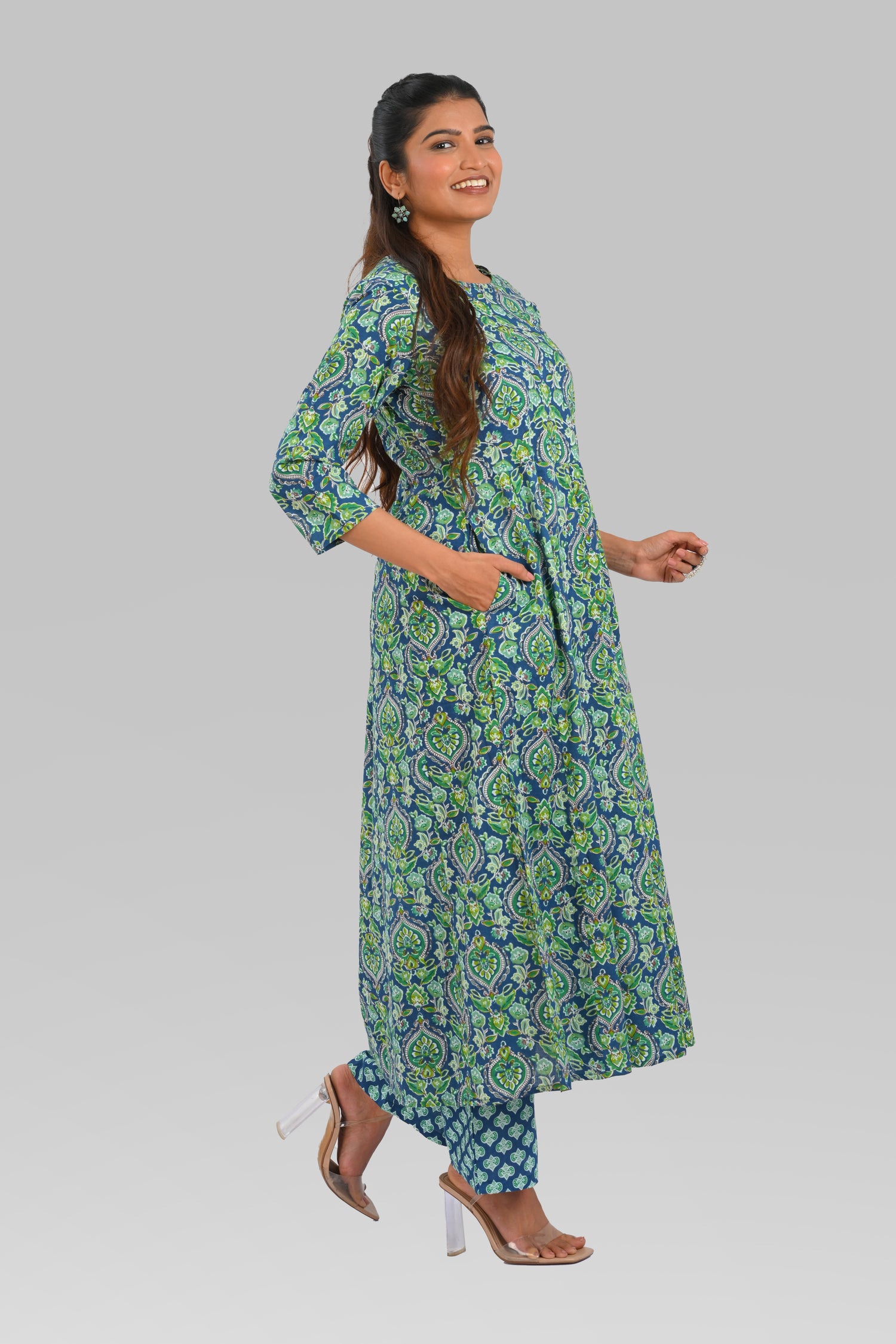 Blue Cotton Printed Kurta Set