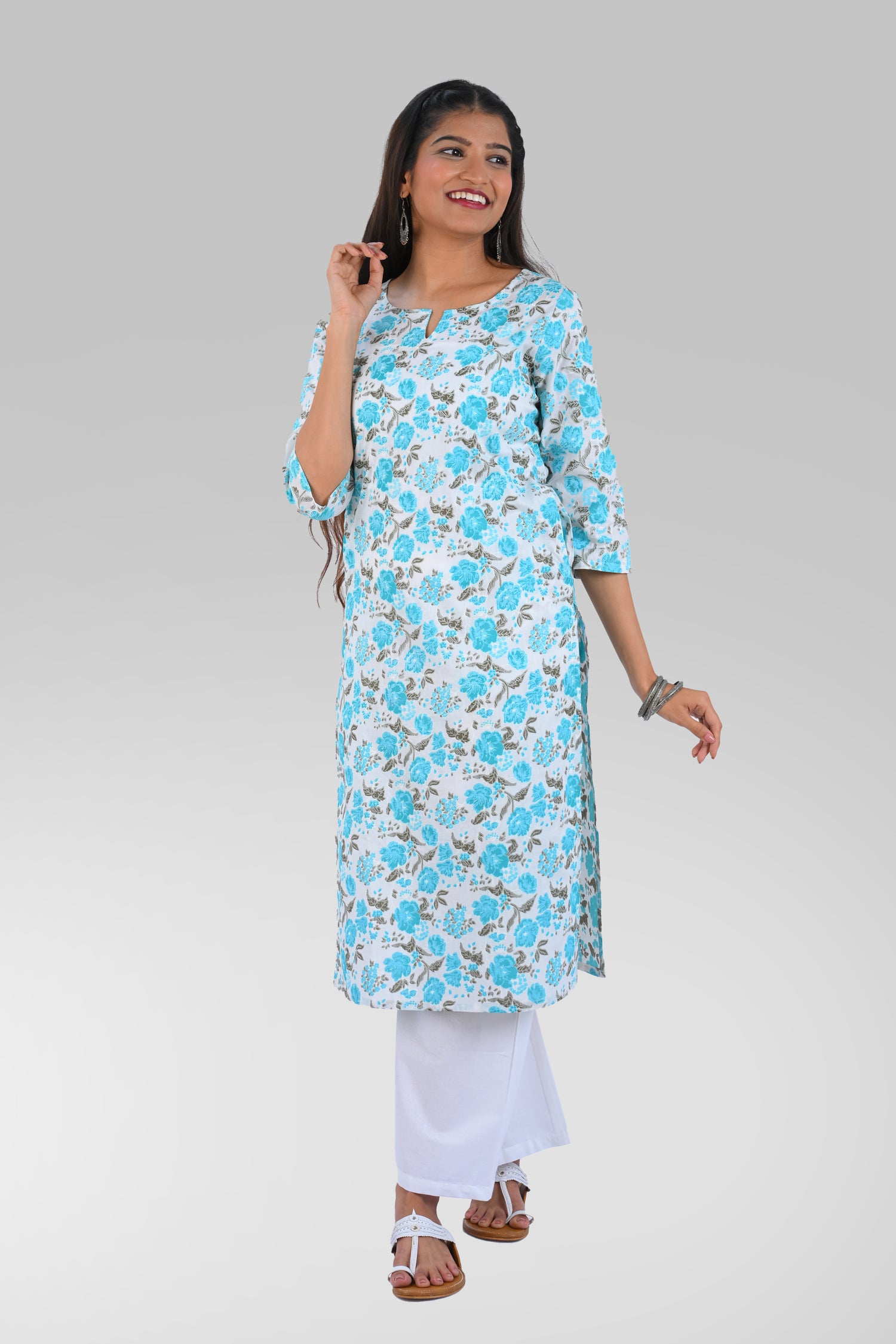 Blue Cotton Printed Long Kurta
