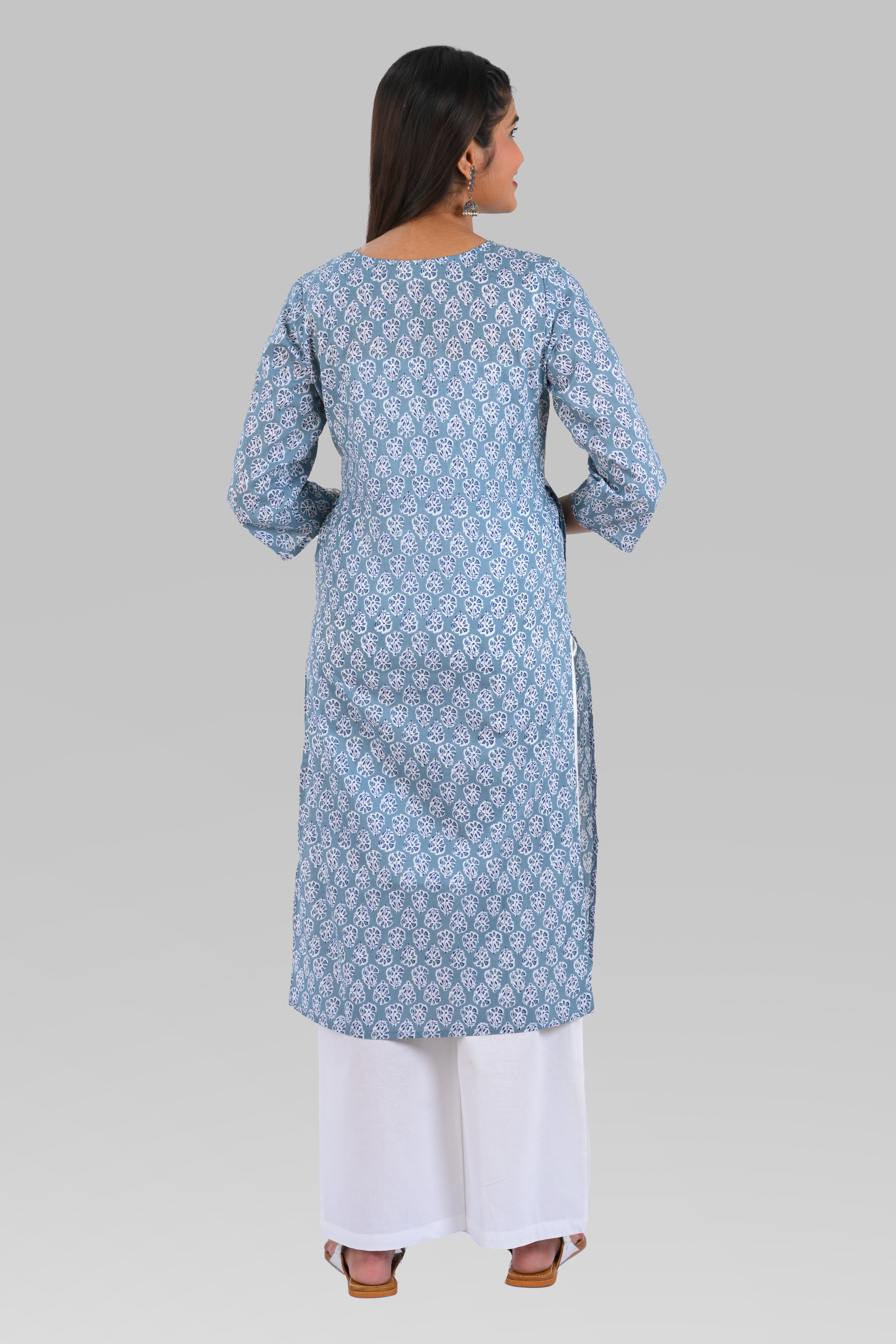 Blue Cotton Printed Long Kurta
