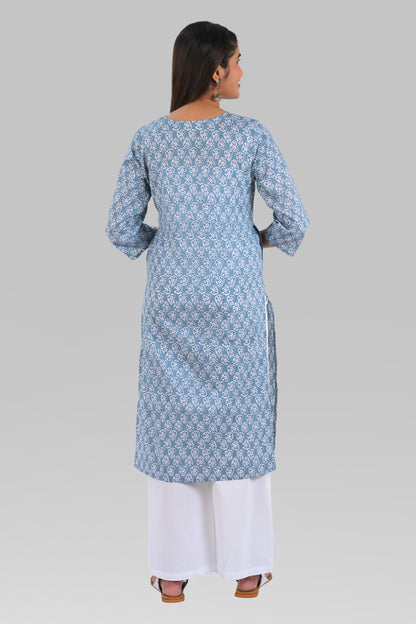 Blue Cotton Printed Long Kurta