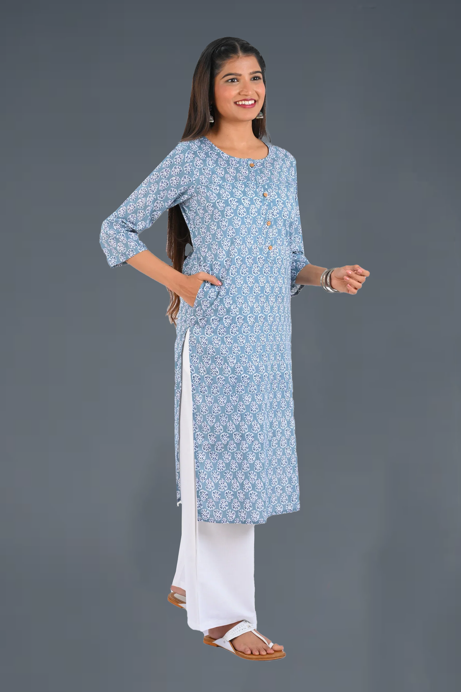 Blue Cotton Printed Long Kurta