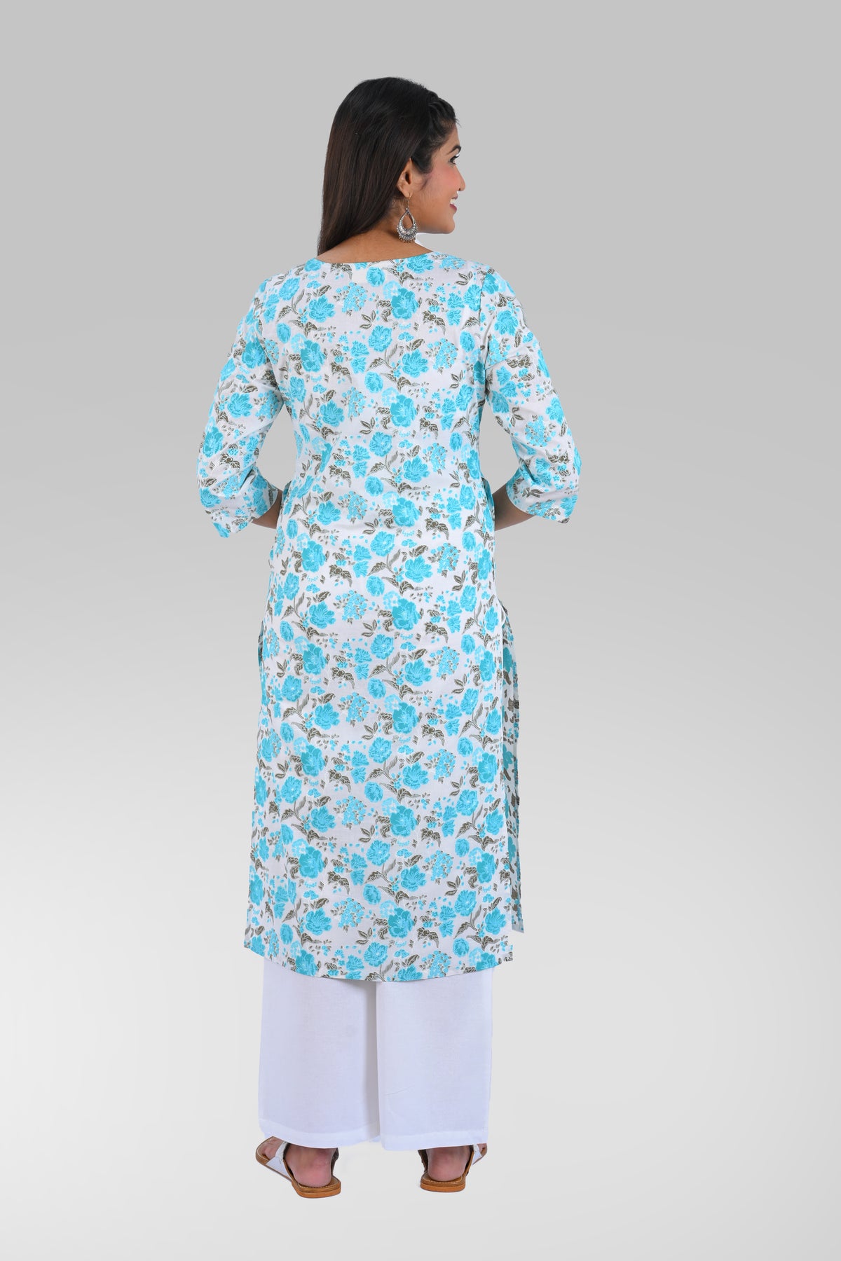 Blue Cotton Printed Long Kurta