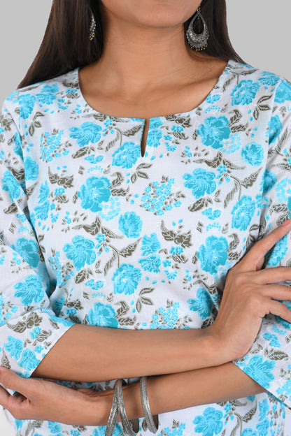 Blue Cotton Printed Long Kurta
