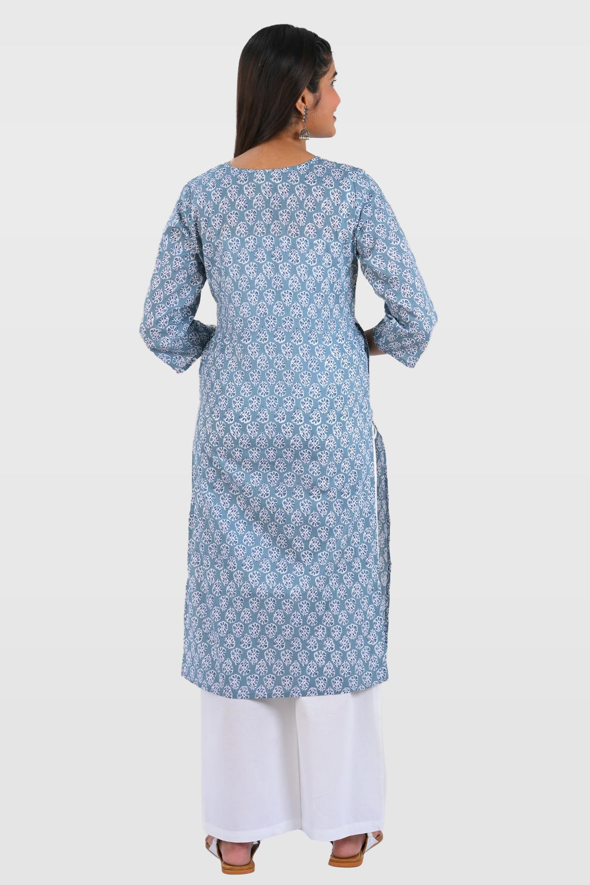 Blue Cotton Printed Long Kurta