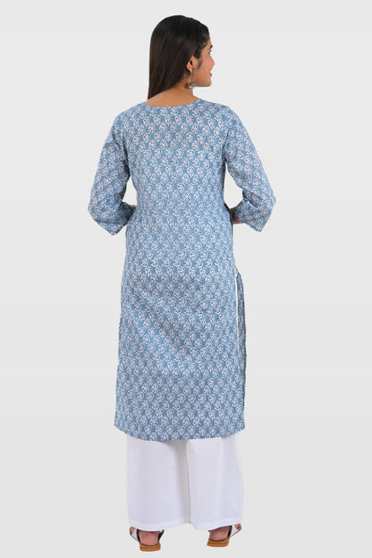 Blue Cotton Printed Long Kurta