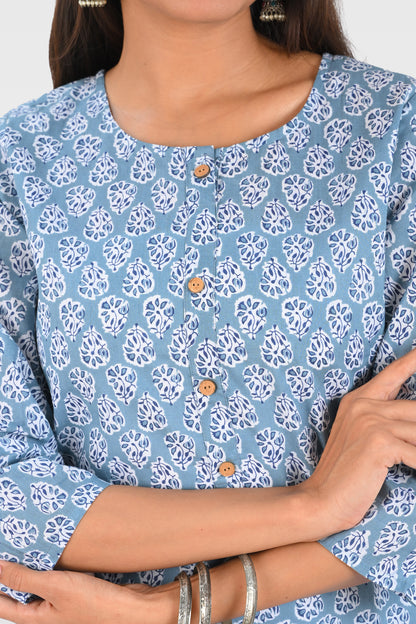 Blue Cotton Printed Long Kurta