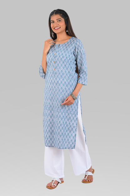 Blue Cotton Printed Long Kurta