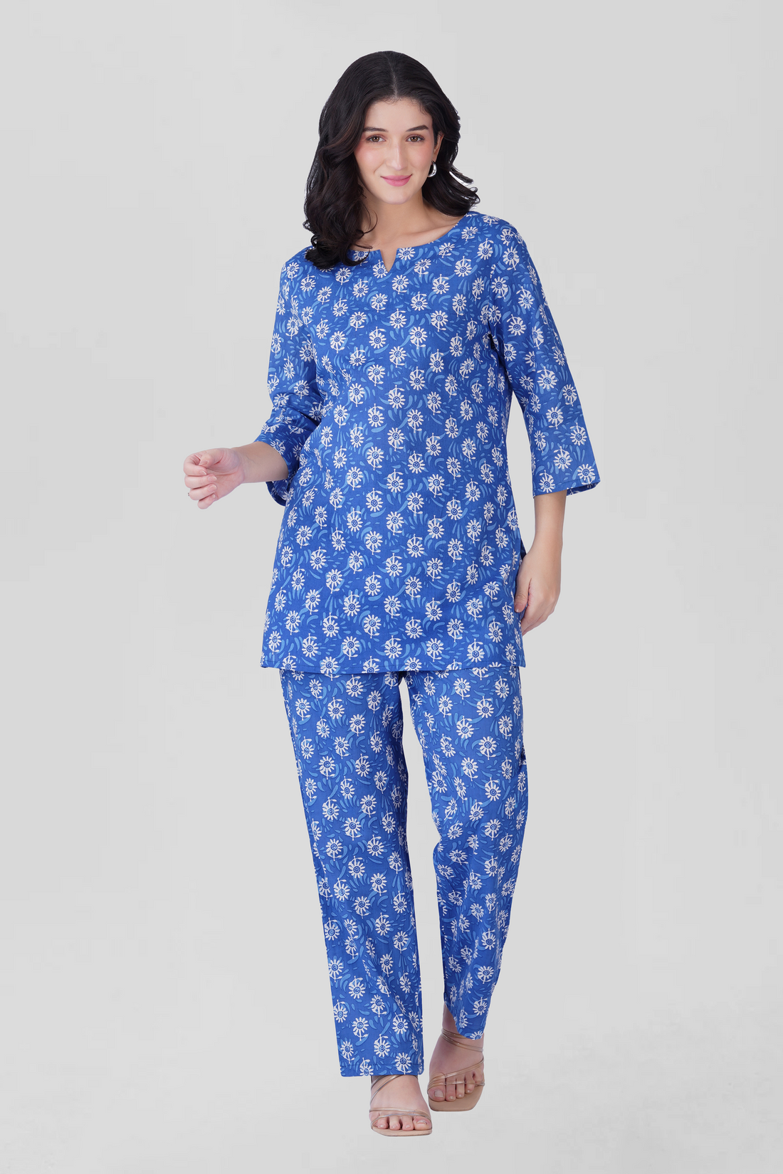 Blue Cotton Printed Pyjama Set