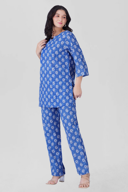 Blue Cotton Printed Pyjama Set