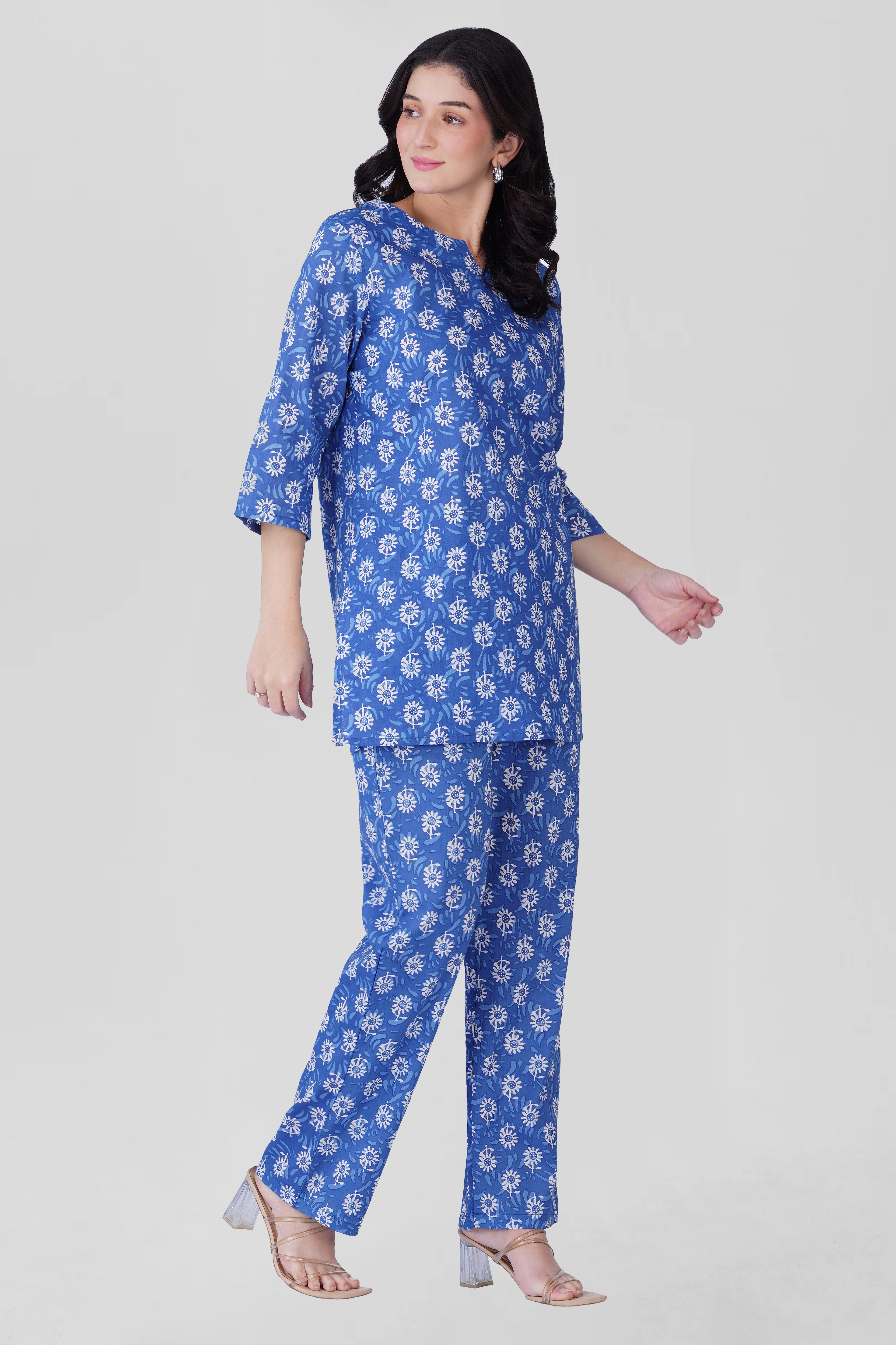 Blue Cotton Printed Pyjama Set