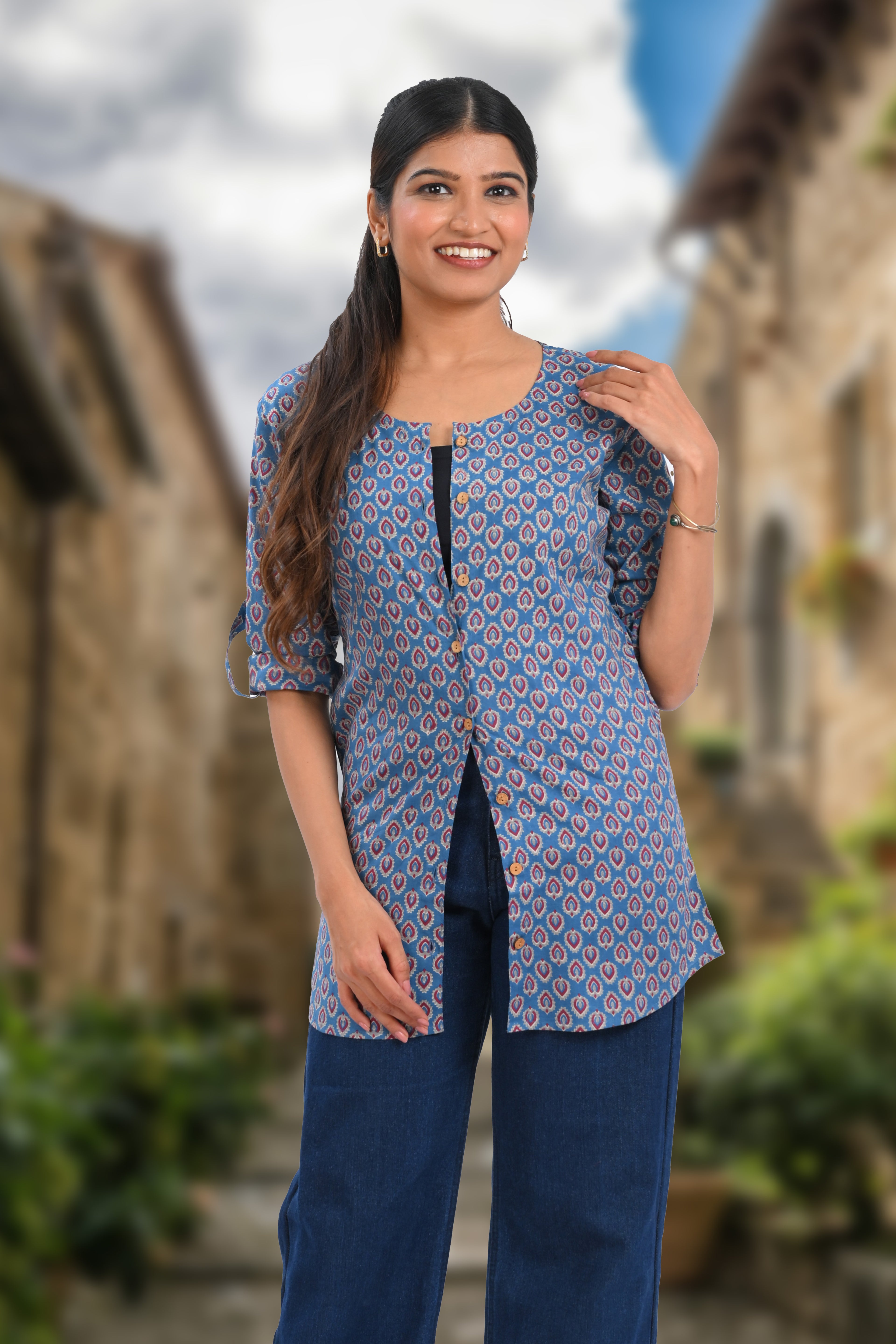 Blue Cotton Printed Short Kurti