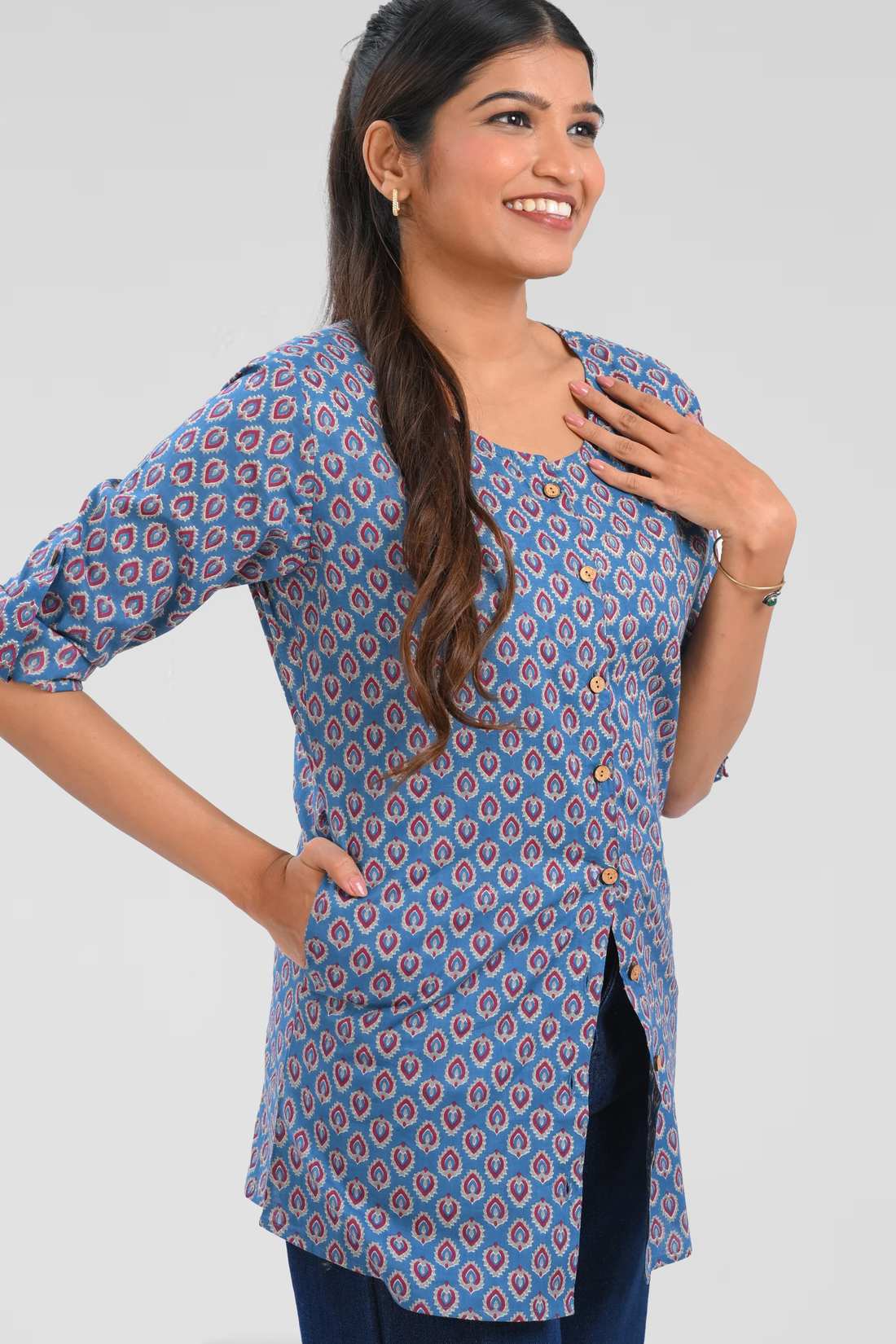 Blue Cotton Printed Short Kurti