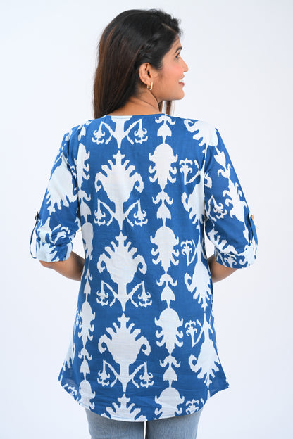 Blue Cotton Printed Short Kurti