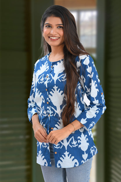 Blue Cotton Printed Short Kurti