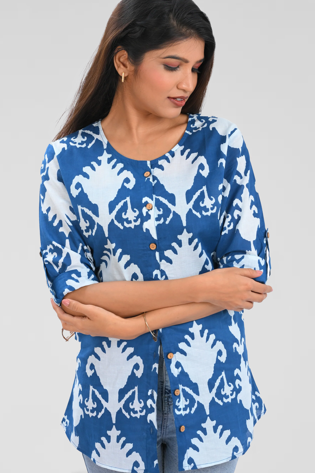 Blue Cotton Printed Short Kurti