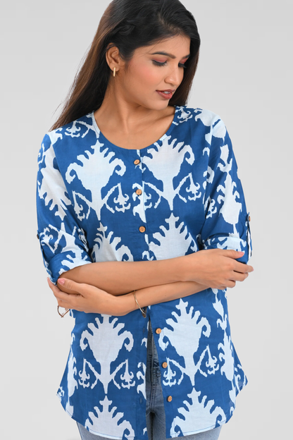 Blue Cotton Printed Short Kurti