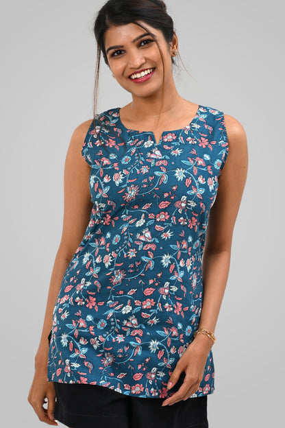 Blue Floral Cotton Printed Sleeveless Kurti