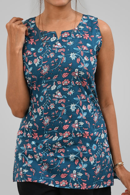 Blue Floral Cotton Printed Sleeveless Kurti