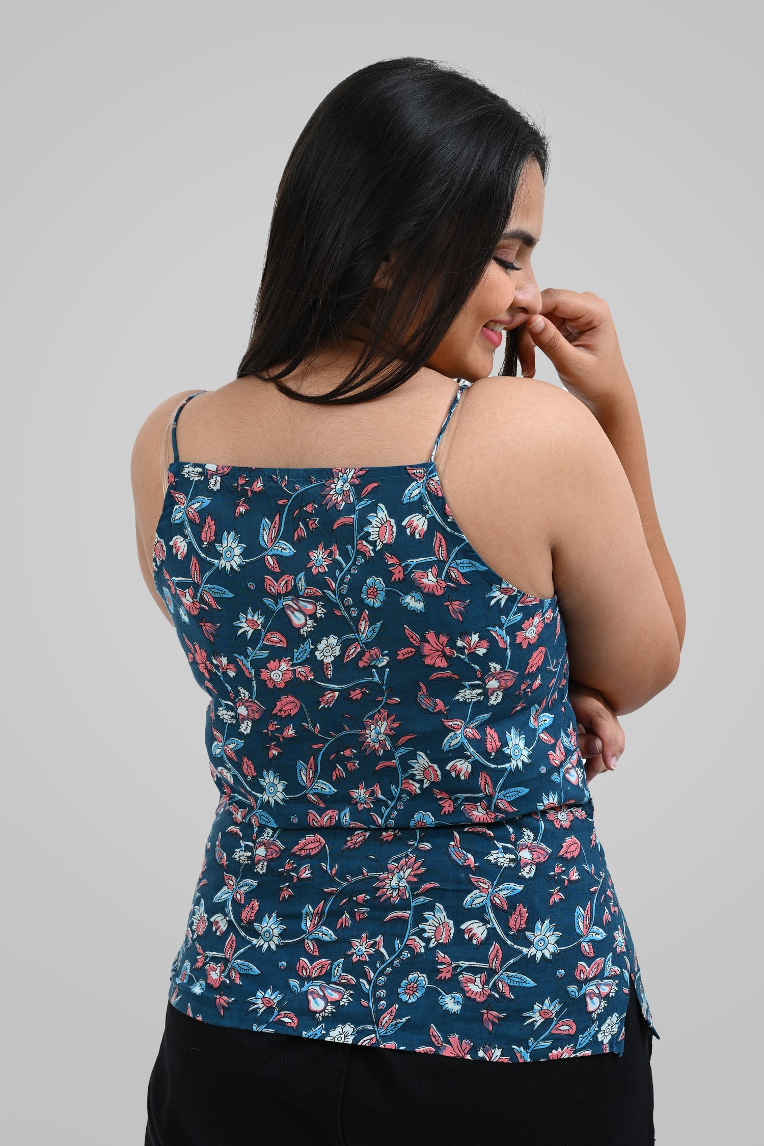 Blue Floral Cotton Printed Strap Top