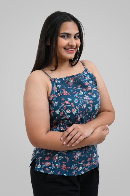 Blue Floral Cotton Printed Strap Top
