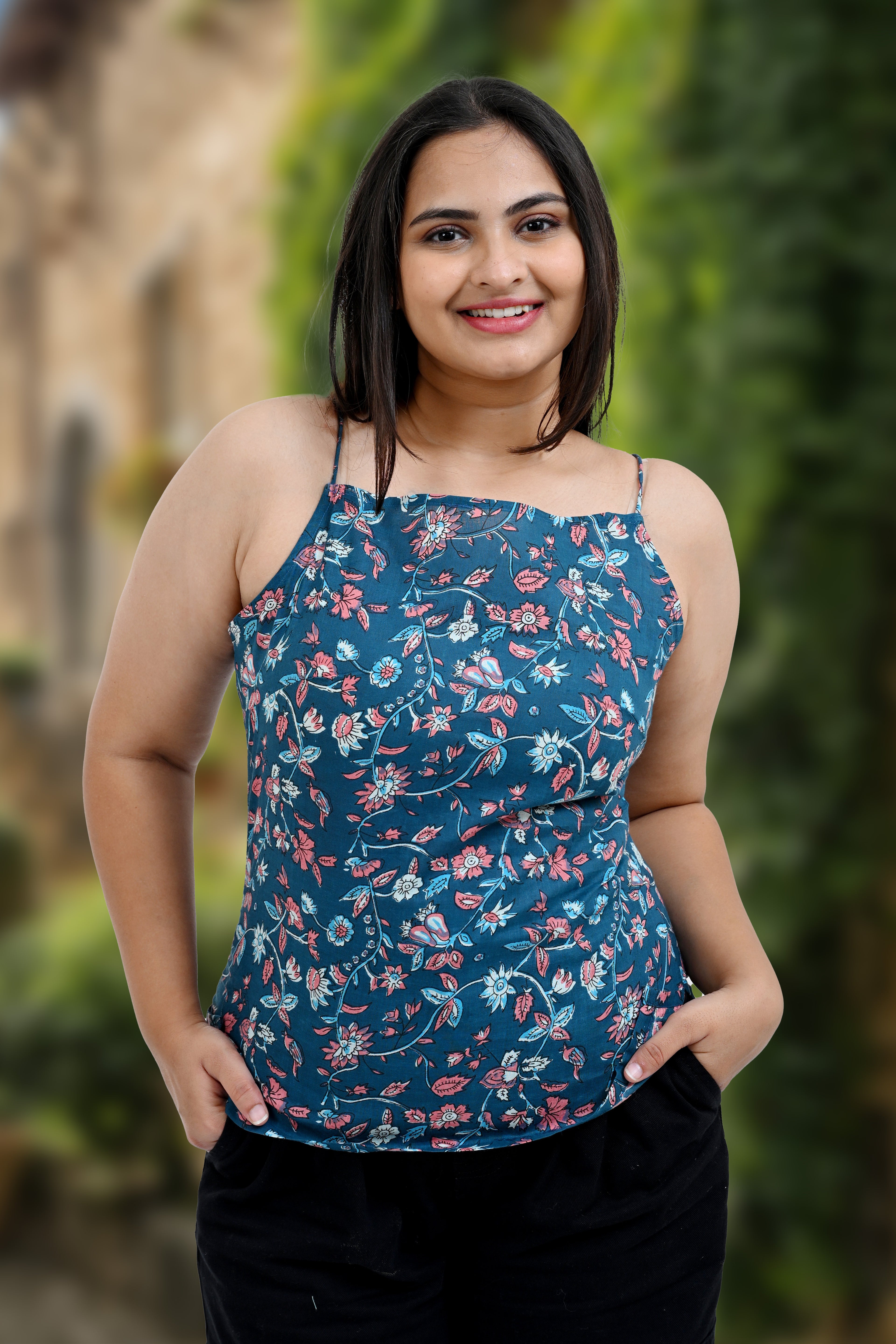 Blue Floral Cotton Printed Strap Top