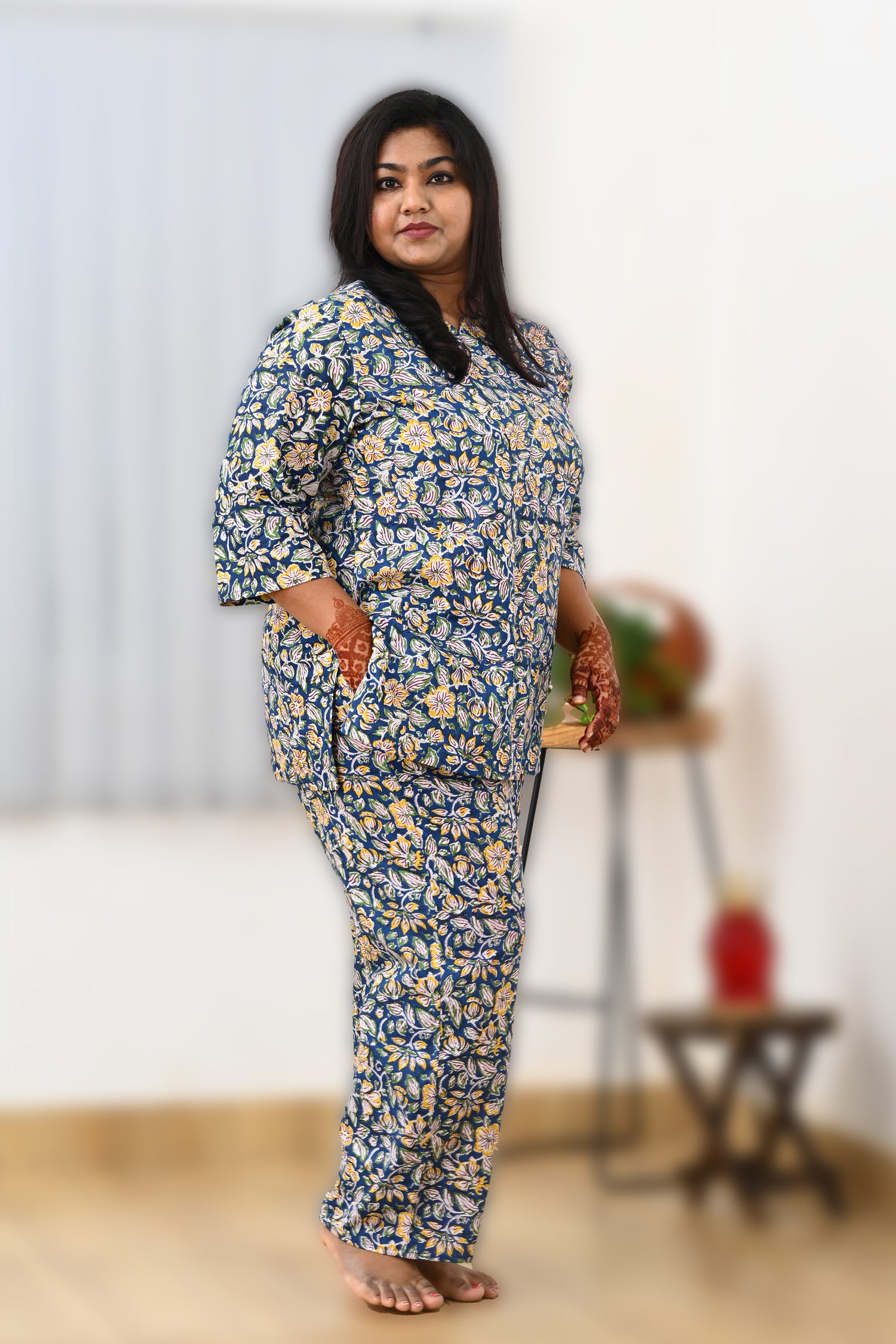 Blue Floral Plus Size Cotton Printed Pyjama Set