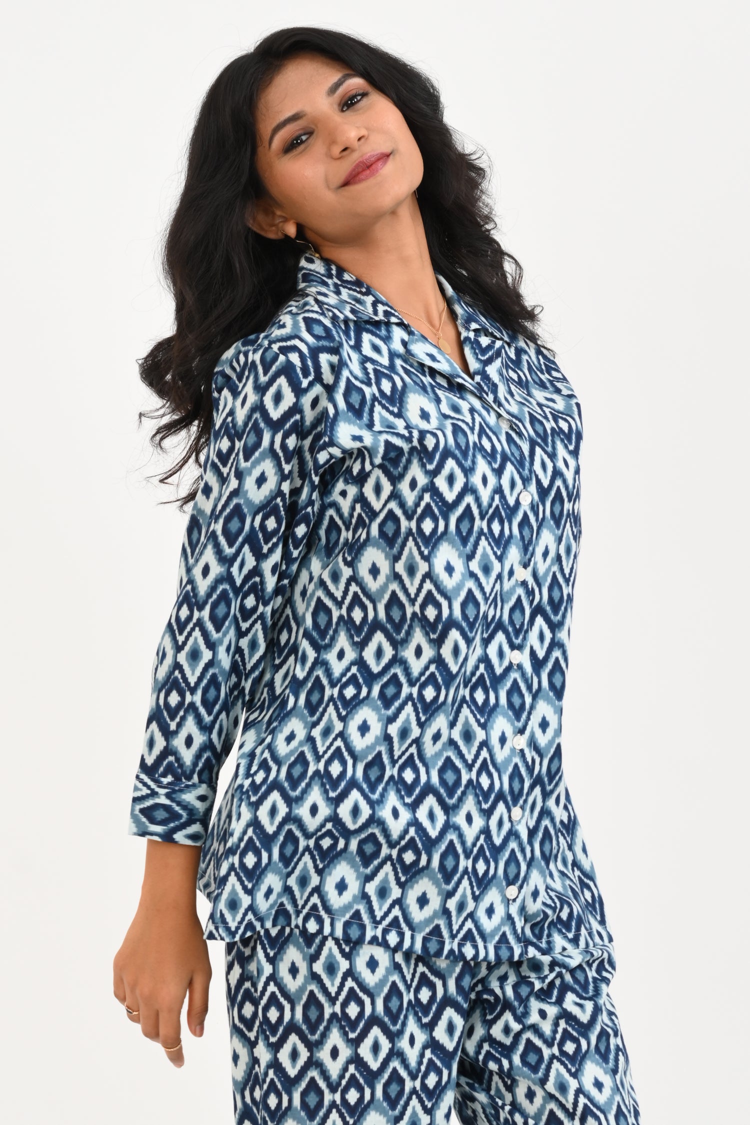 Blue Ikat Cotton Printed Pyjama Set Cuban Collar
