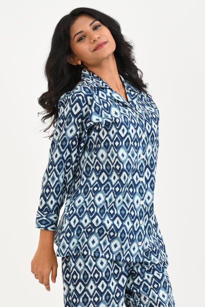 Blue Ikat Cotton Printed Pyjama Set Cuban Collar