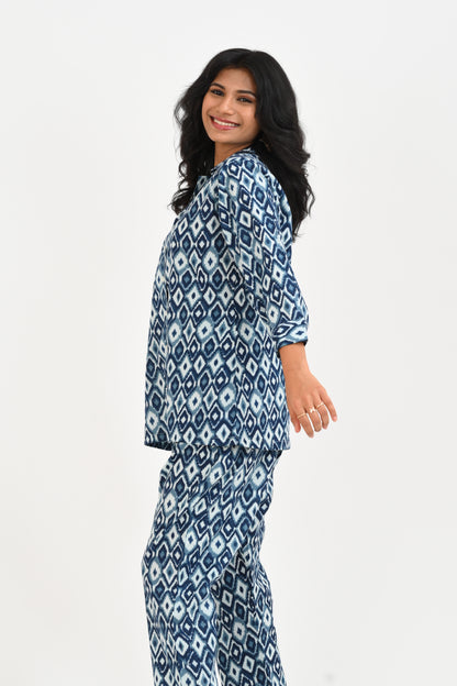 Blue Ikat Cotton Printed Pyjama Set Cuban Collar