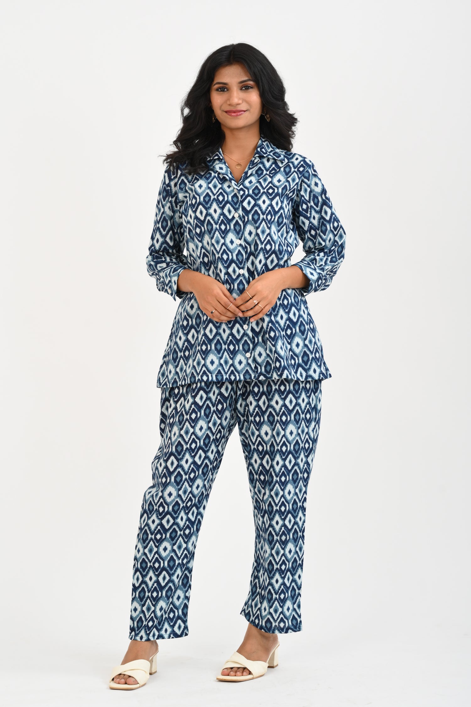 Blue Ikat Cotton Printed Pyjama Set Cuban Collar