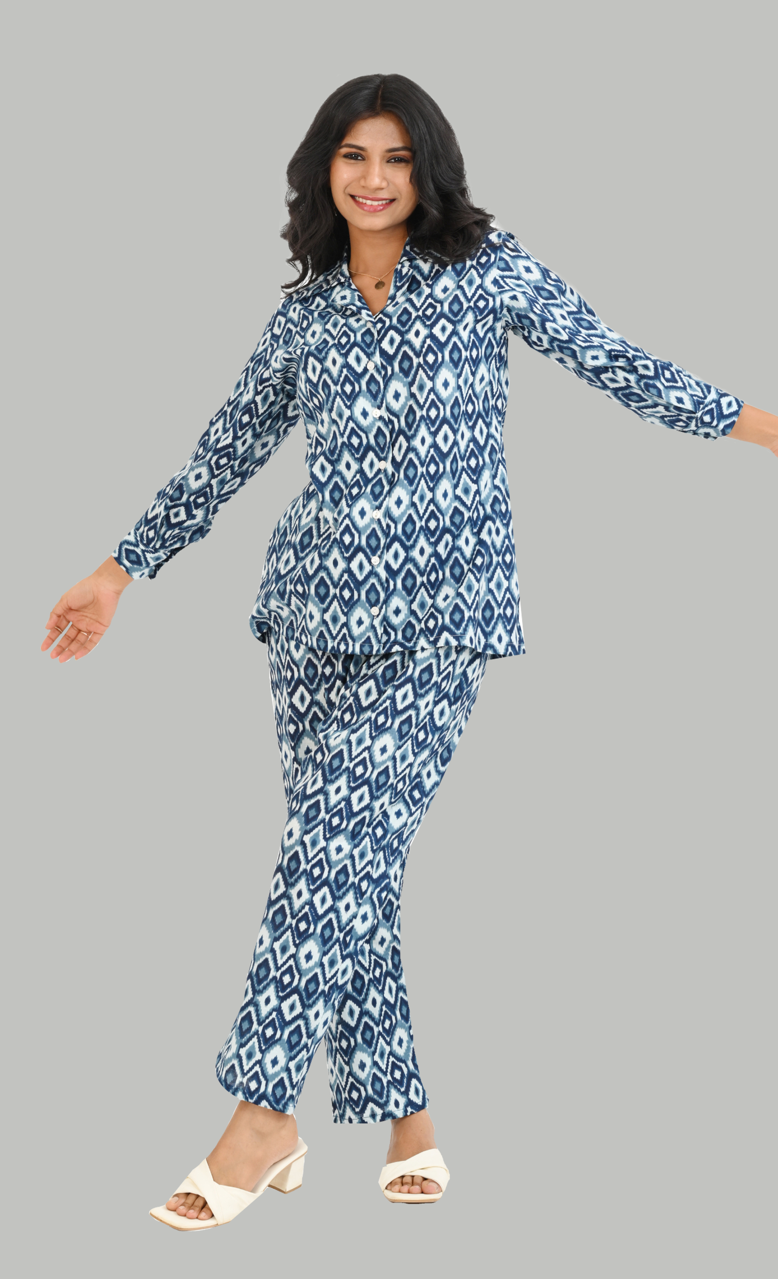Blue Ikat Cotton Printed Pyjama Set Cuban Collar