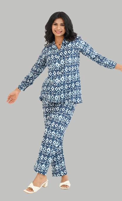 Blue Ikat Cotton Printed Pyjama Set Cuban Collar