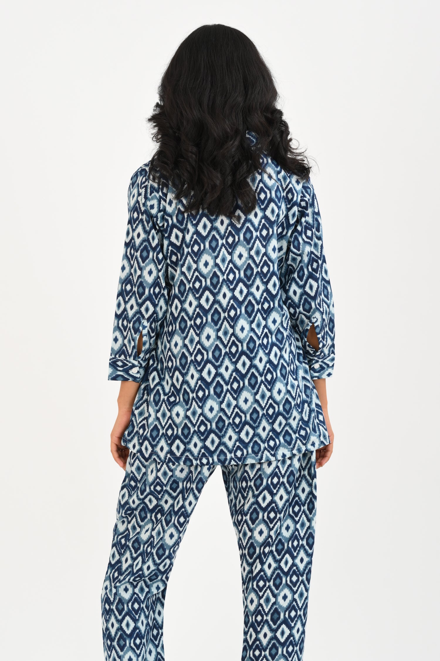 Blue Ikat Cotton Printed Pyjama Set Cuban Collar