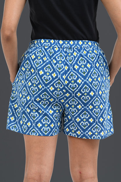 Blue Ikat Cotton Printed Shorts