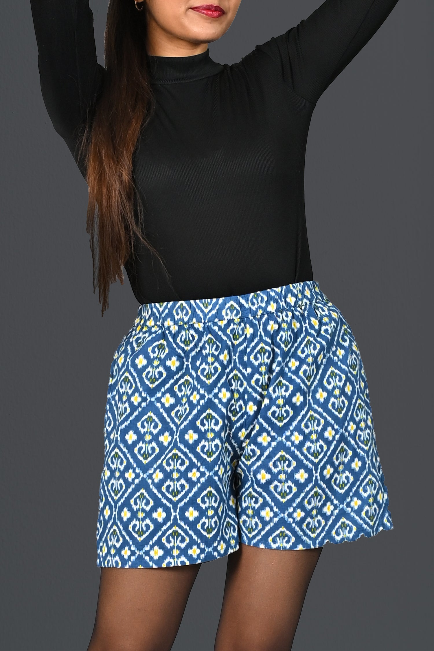 Blue Ikat Cotton Printed Shorts