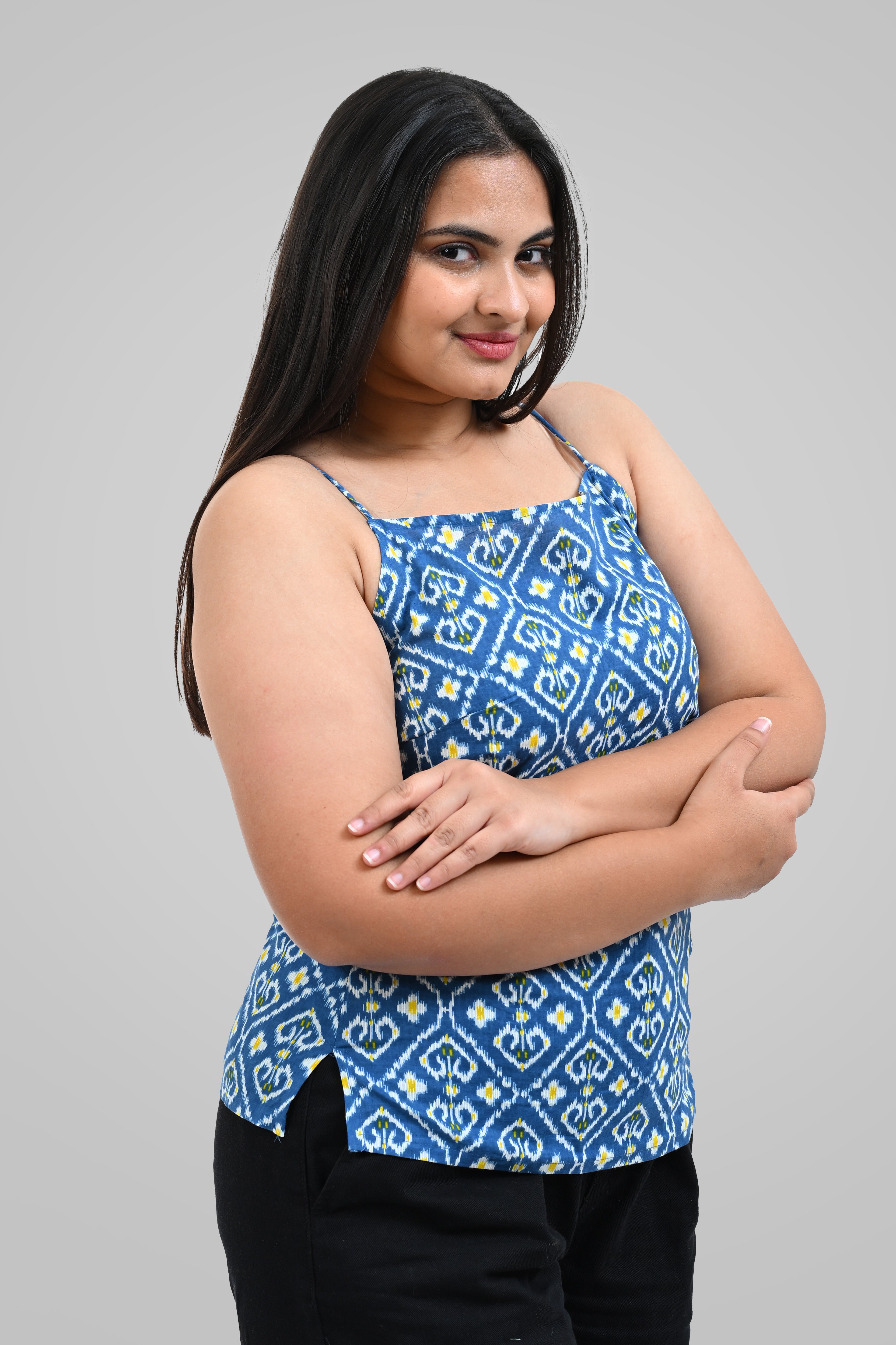 Blue Ikat Cotton Printed Strap Top