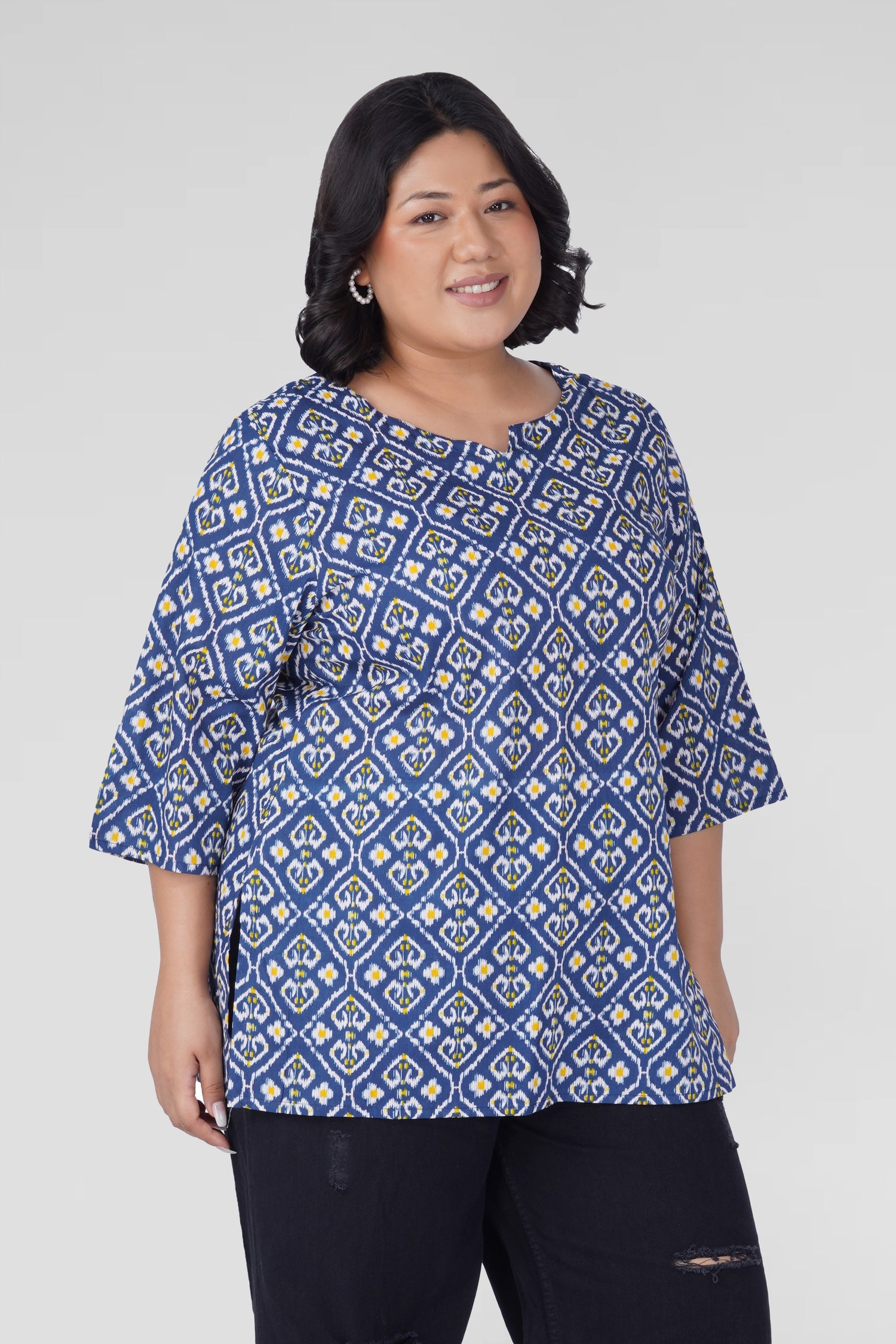 Blue Ikat Plus Size Cotton Printed Kurti