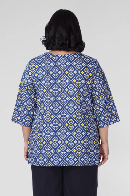 Blue Ikat Plus Size Cotton Printed Kurti