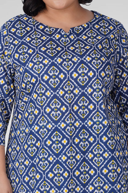 Blue Ikat Plus Size Cotton Printed Kurti