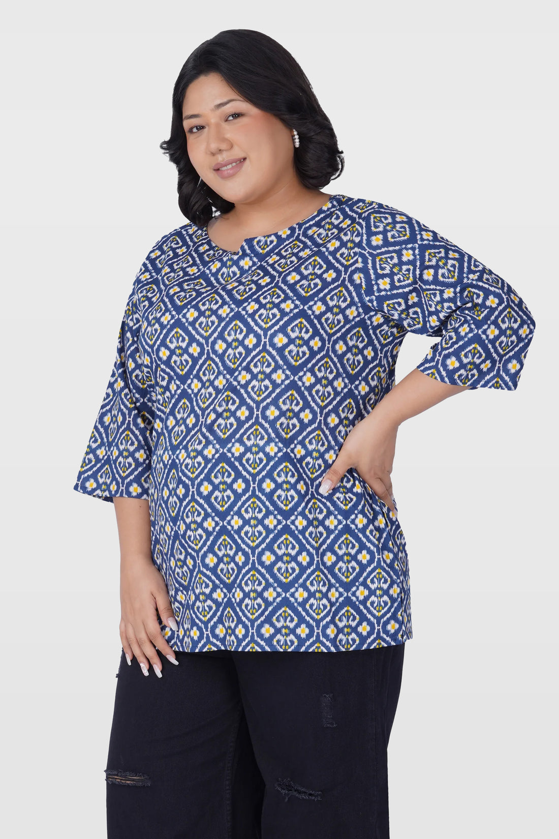 Blue Ikat Plus Size Cotton Printed Kurti