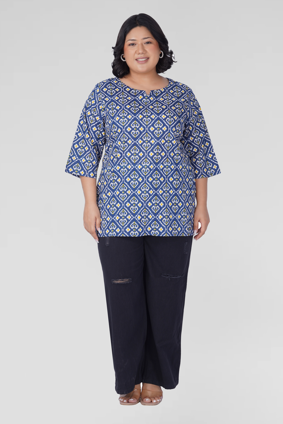 Blue Ikat Plus Size Cotton Printed Kurti