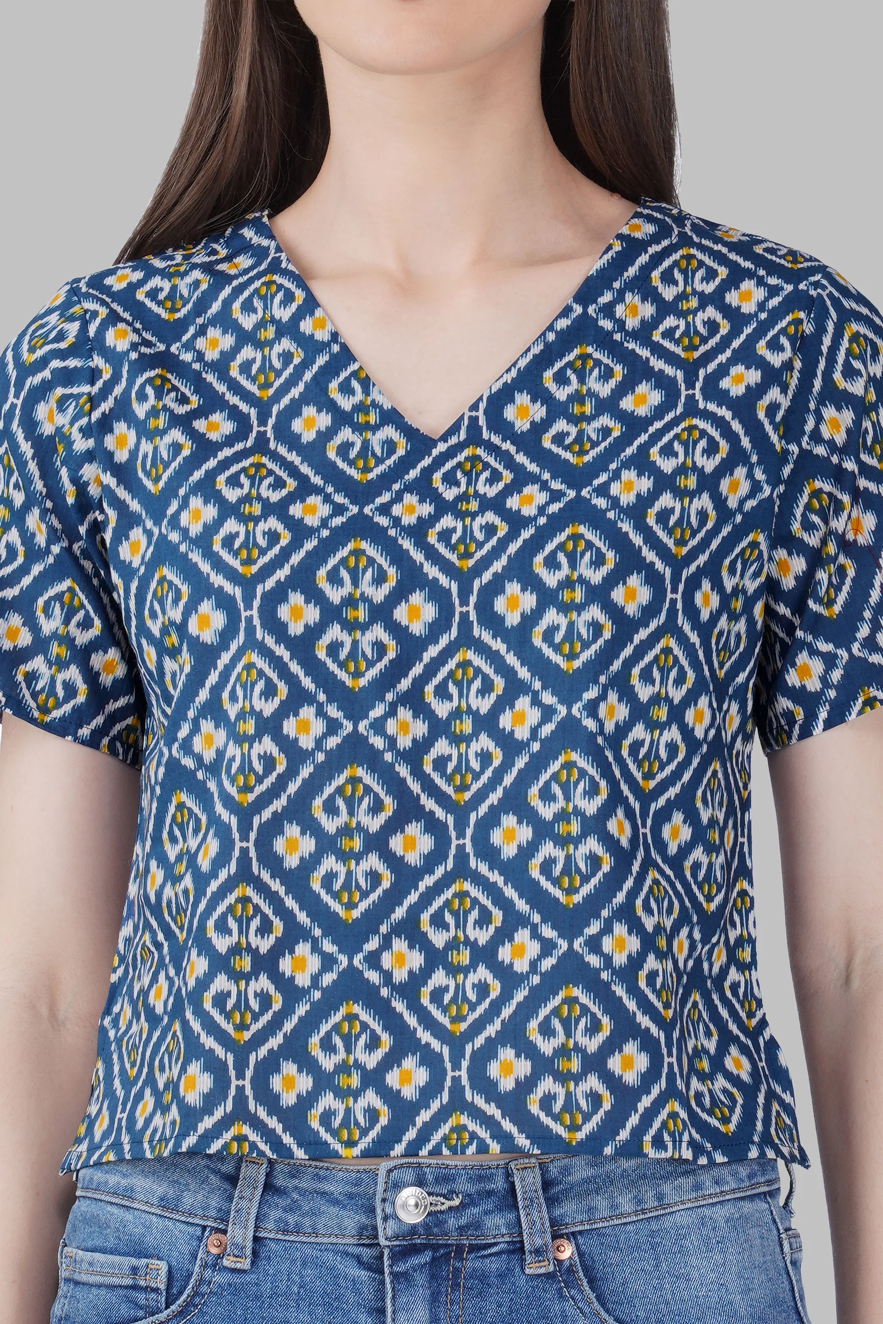 Blue Ikat V Neck Cotton Printed Top