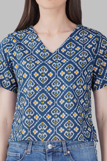 Blue Ikat V Neck Cotton Printed Top
