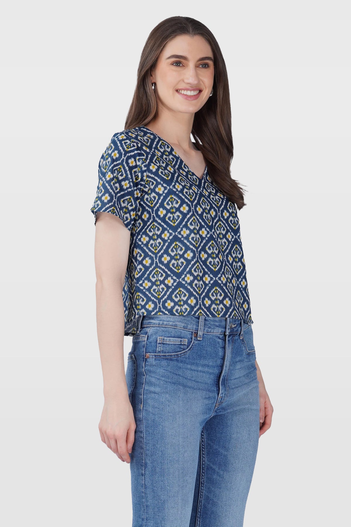 Blue Ikat V Neck Cotton Printed Top