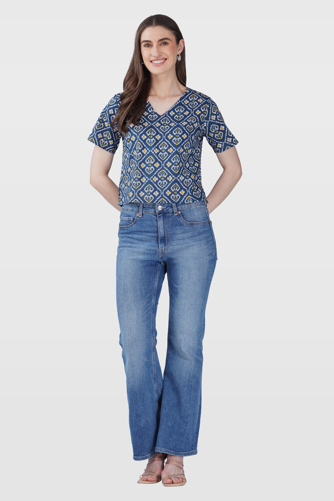 Blue Ikat V Neck Cotton Printed Top