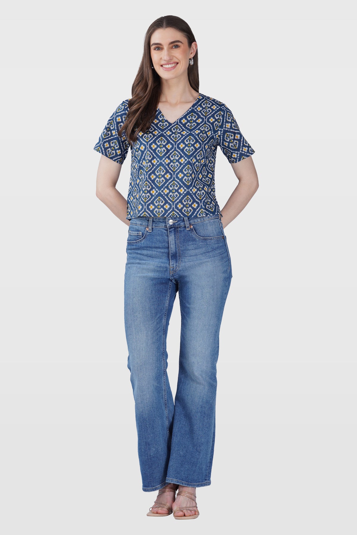 Blue Ikat V Neck Cotton Printed Top