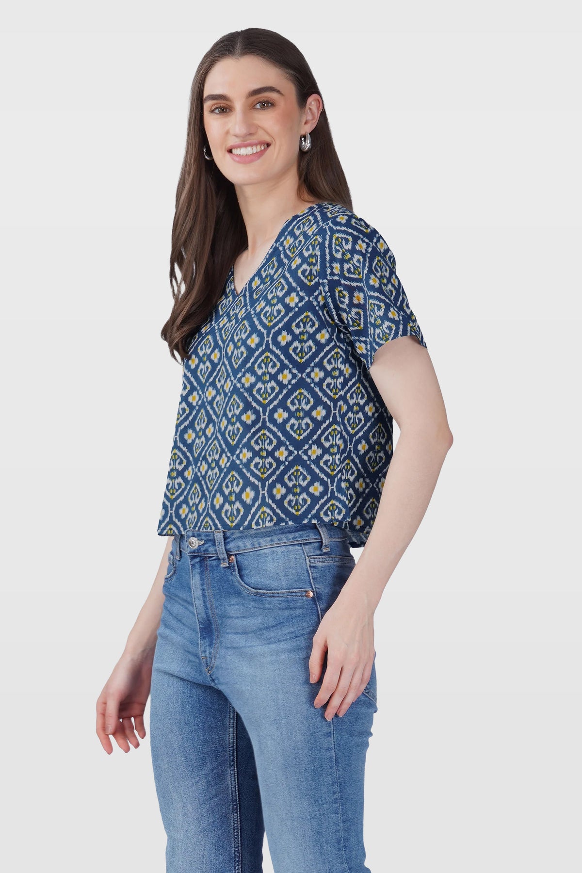 Blue Ikat V Neck Cotton Printed Top