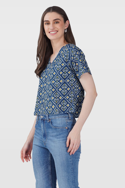 Blue Ikat V Neck Cotton Printed Top