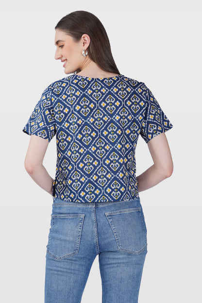 Blue Ikat V Neck Cotton Printed Top
